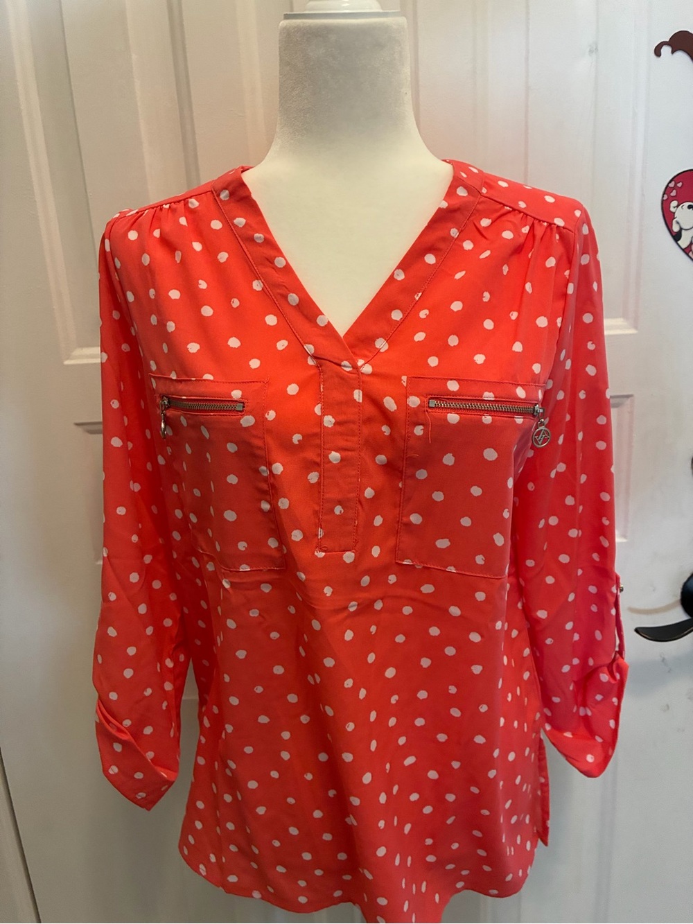 Adrienne Vittadini Coral and White Polka Dot V-Neck Blouse